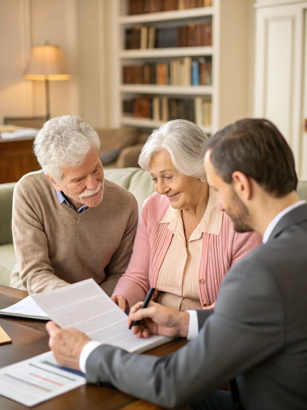 A managing partner and senior associates discussing partner relations in a private office, open laptops, friendly and constructive conversation, legal books in the background.