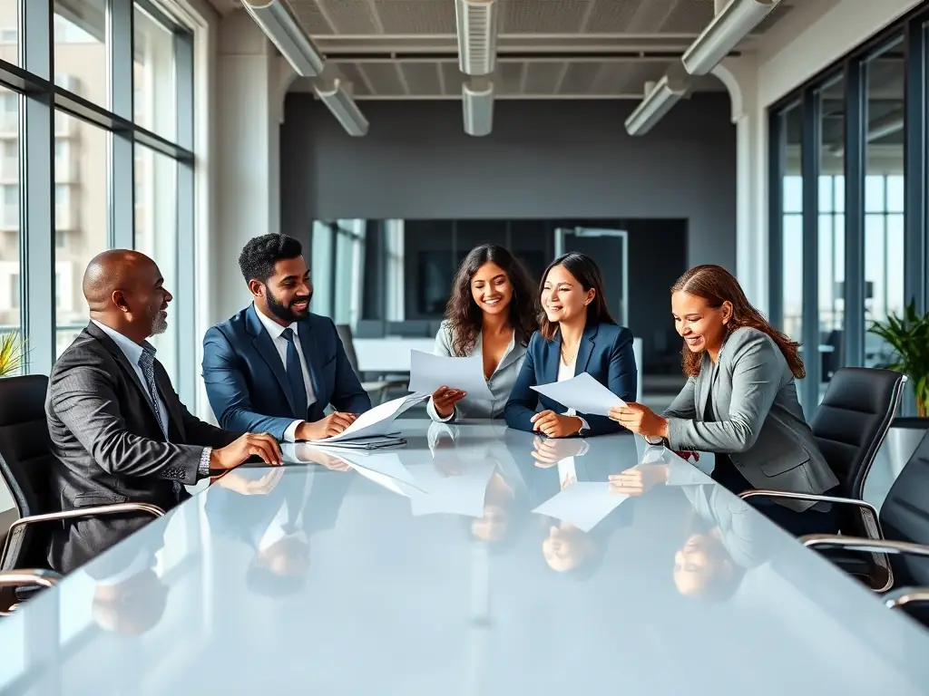 A group of diverse lawyers in a meeting room, reviewing a succession plan document together, highlighting teamwork, collaboration, and future-focused planning.
