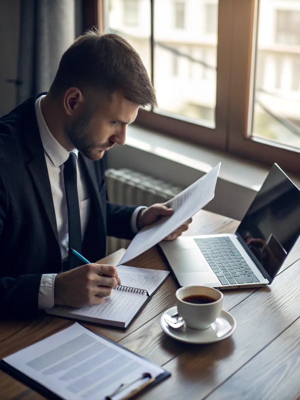 A well-organized office scene with a managing partner reviewing organizational charts and planning documents, focused and analytical expression, modern workspace.