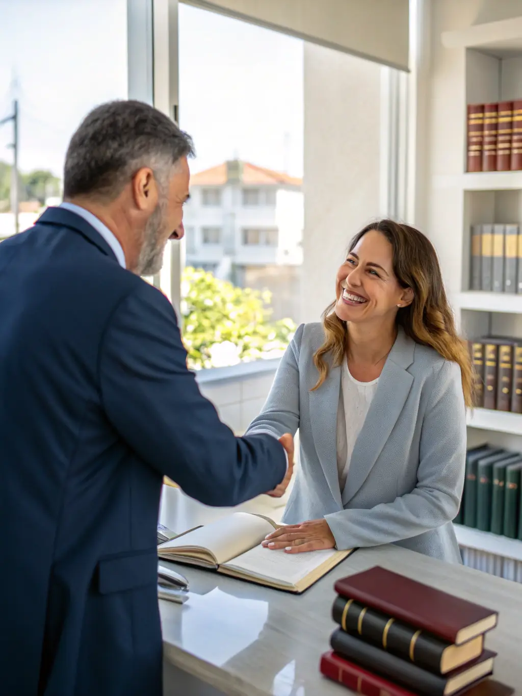 A satisfied client shaking hands with a lawyer in a bright office, with visible documents and a digital client feedback survey showing high ratings.
