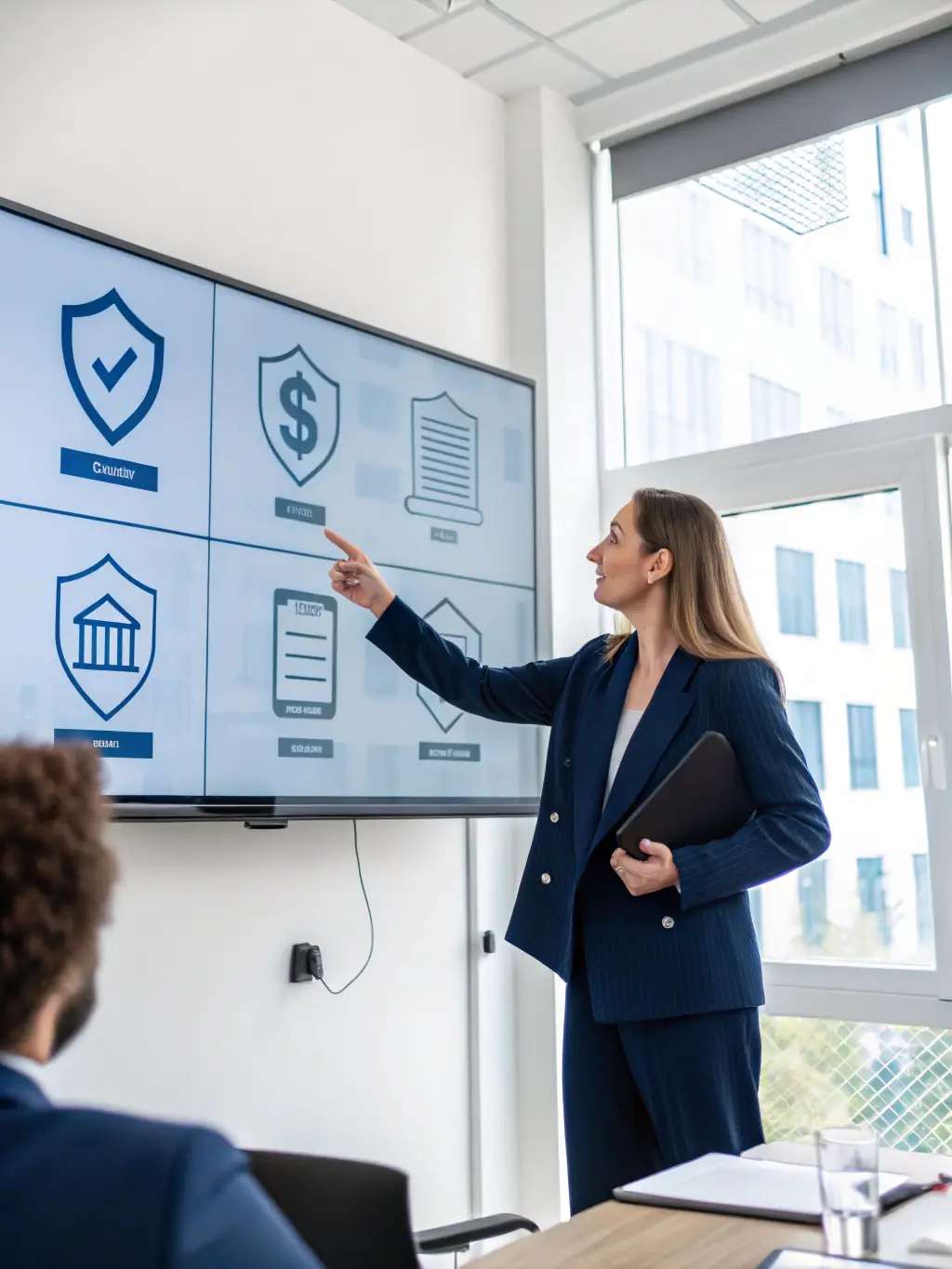 A professional consultant in business attire reviewing workflow charts with a law firm team in a modern conference room, emphasizing collaborative process improvement.