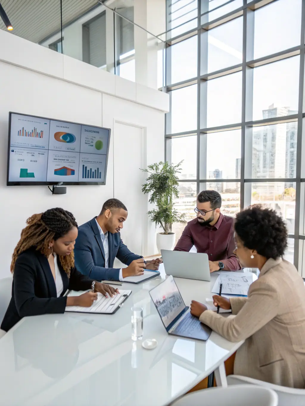 A group of diverse partners collaborating around a conference table, with charts and growth projections visible, representing business growth.