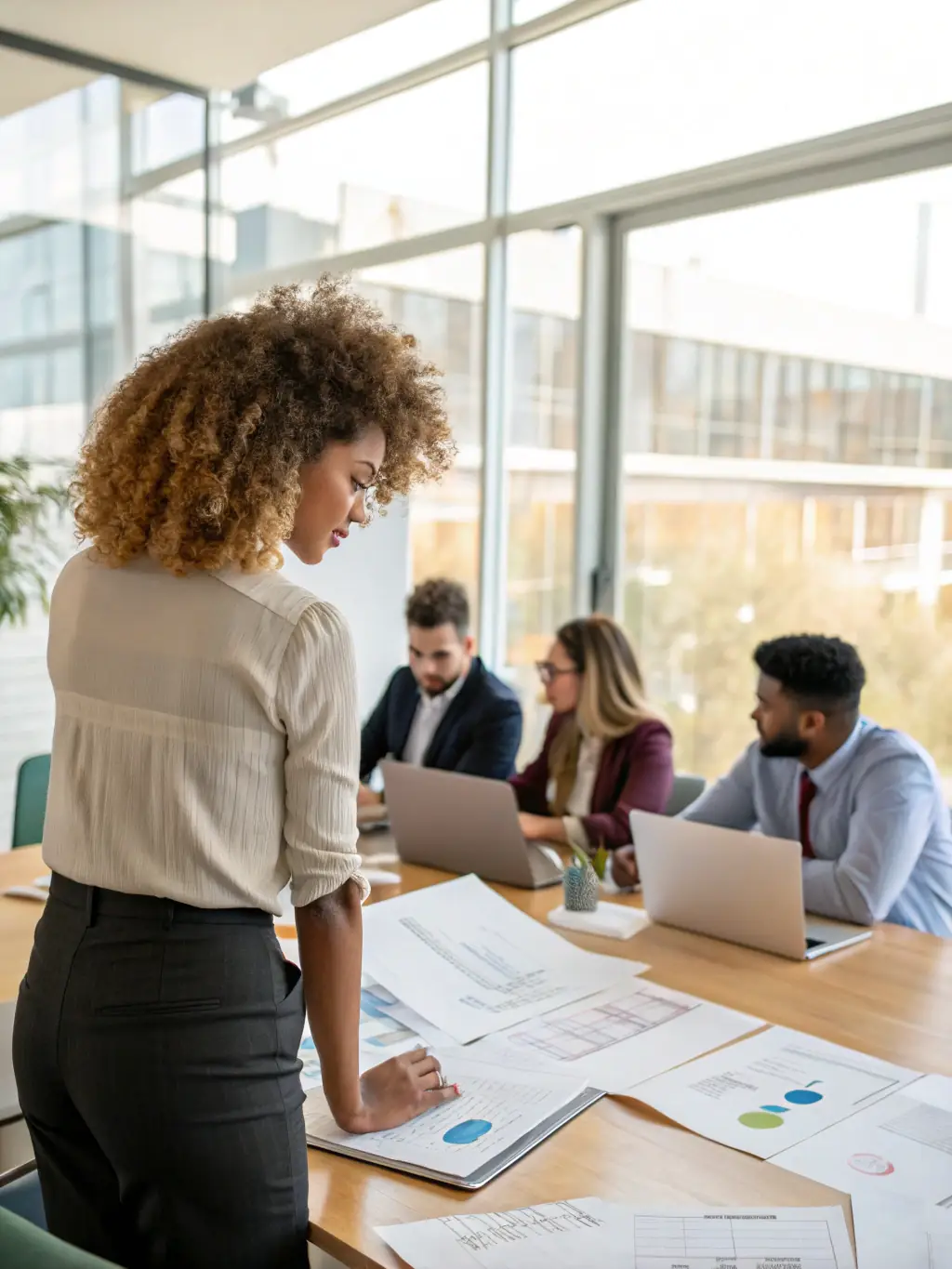 A confident managing partner in a modern law firm boardroom, reviewing strategic documents with a team, sunlight streaming through large windows, professional attire, collaborative atmosphere.