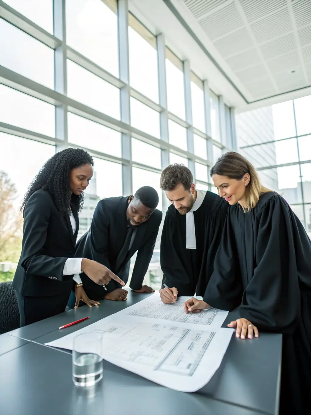 A confident consultant in a modern office, discussing strategy with a group of attorneys around a conference table, symbolizing expert leadership for law firms.