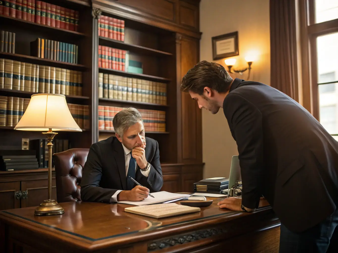 A confident senior partner mentoring a younger attorney in a well-lit office, with bookshelves and legal documents in the background, representing knowledge transfer and leadership development.
