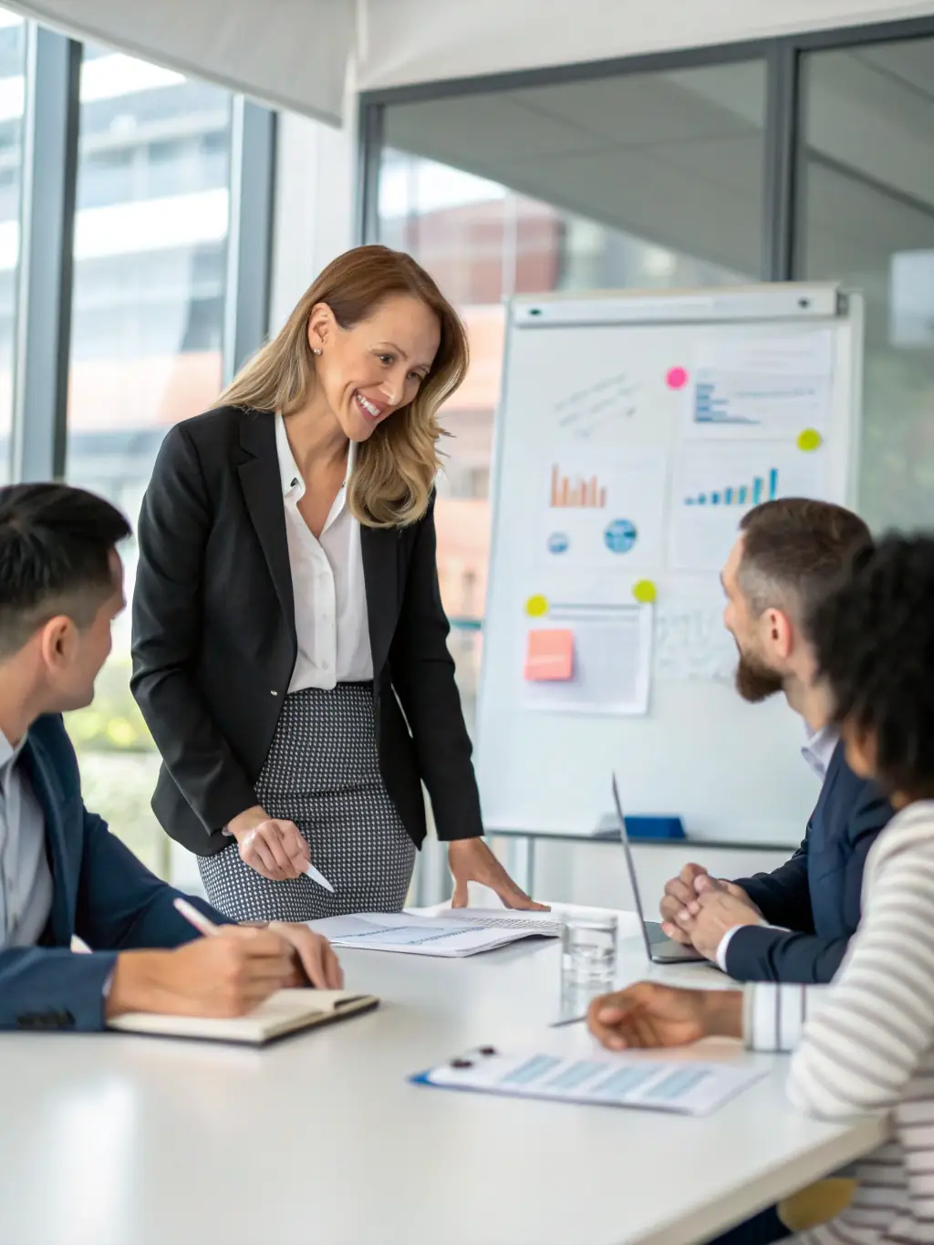 A confident managing partner in a modern law firm office, reviewing strategic documents with a team, symbolizing decisive leadership and vision.