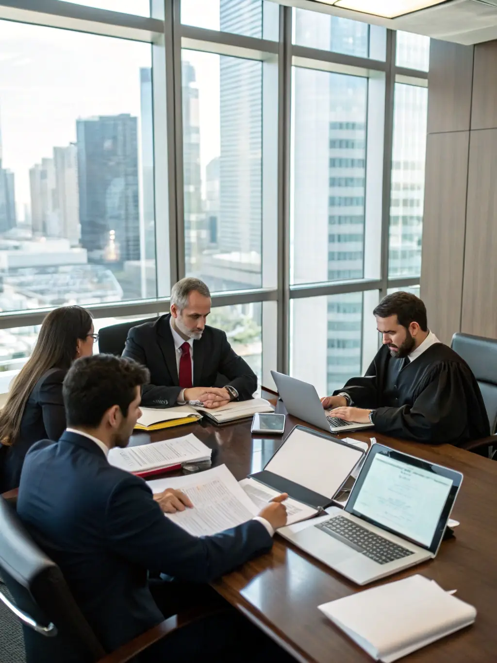 A well-organized law firm workspace with clear workflow charts and team members collaborating efficiently, showing operational excellence.